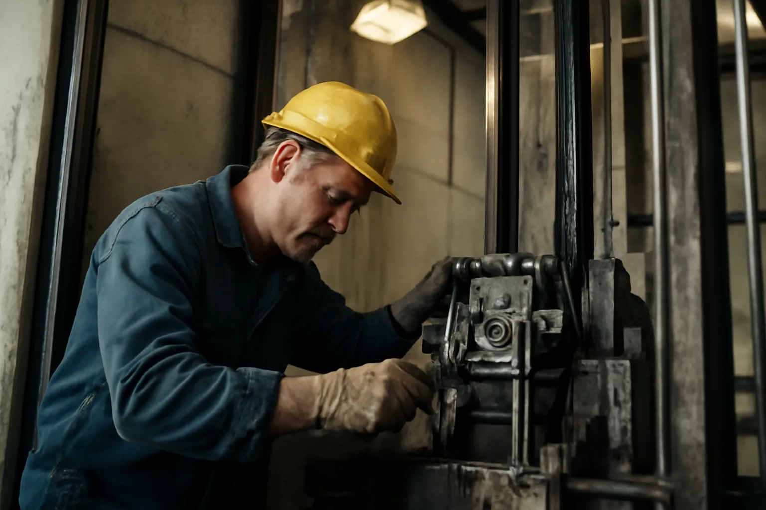 Elevator mechanic working inside an open shaft on mechanical components in Alabama
