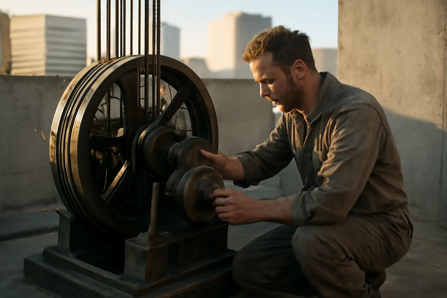 Mechanic inspecting a traction elevator machine in a Phoenix machine room