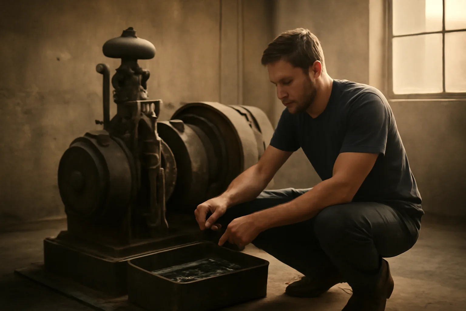 Mechanic kneeling by a traction hoist in a Los Angeles machine room