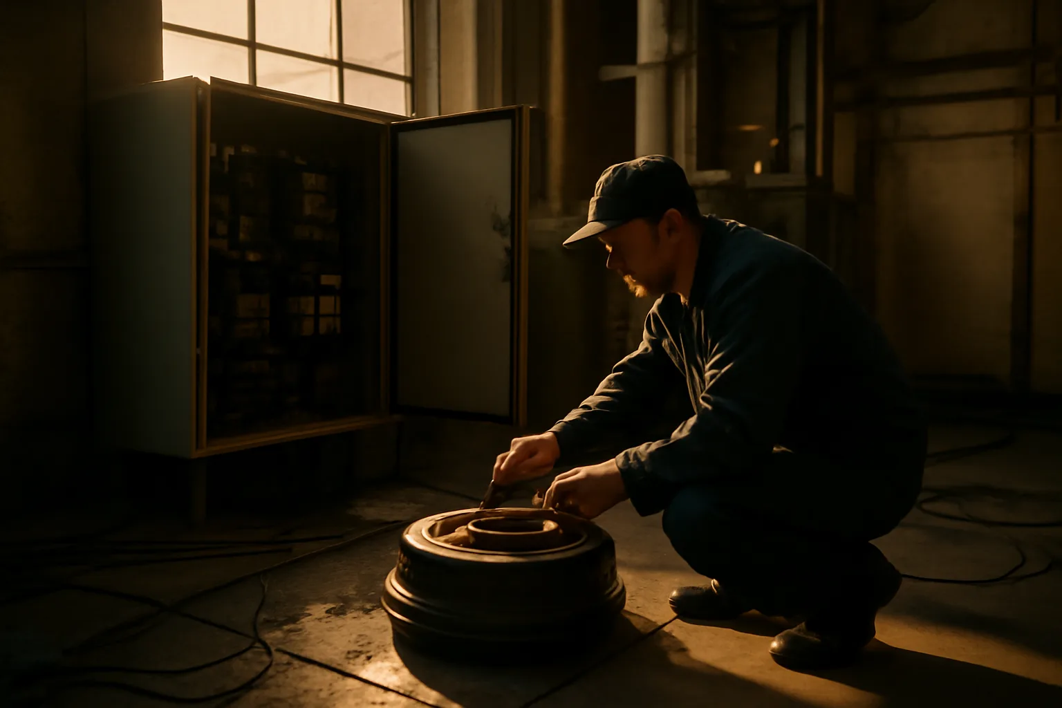 Mechanic crouches by elevator brake equipment in a Hartford machine room