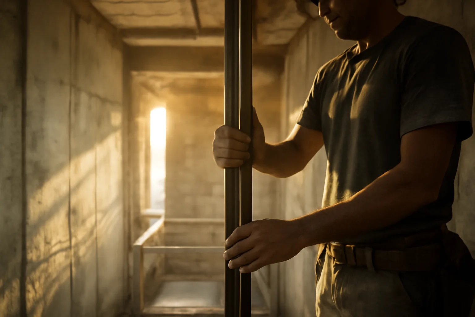 Elevator mechanic gripping a steel rail in a Florida hoistway