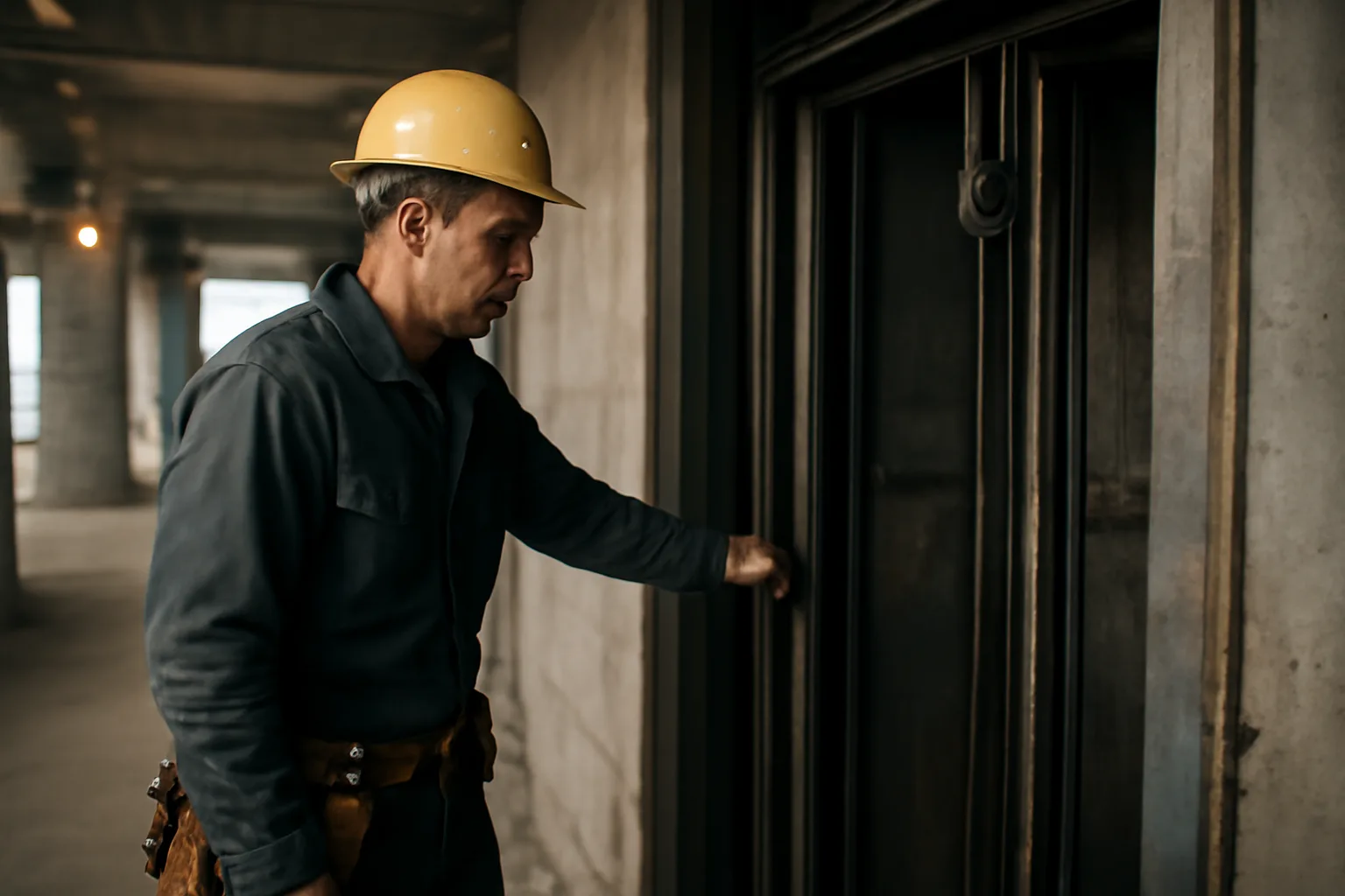 Elevator mechanic inspecting an open shaft interior in an Alabama commercial building