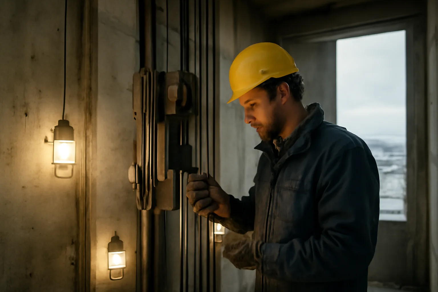 Elevator mechanic inspecting cable equipment inside a concrete shaft in Alaska