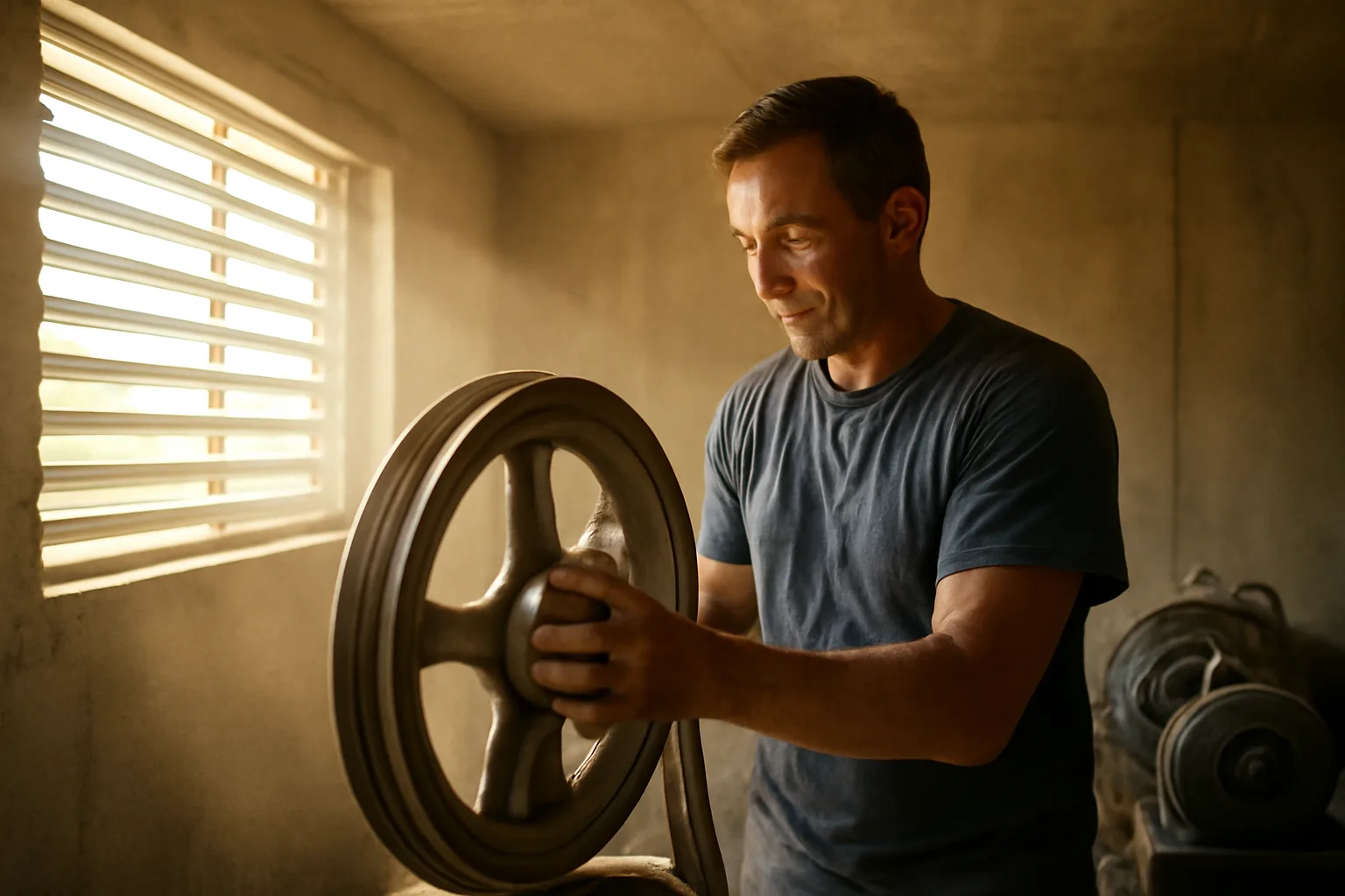 Mechanic checks a steel governor in a Phoenix elevator machine room