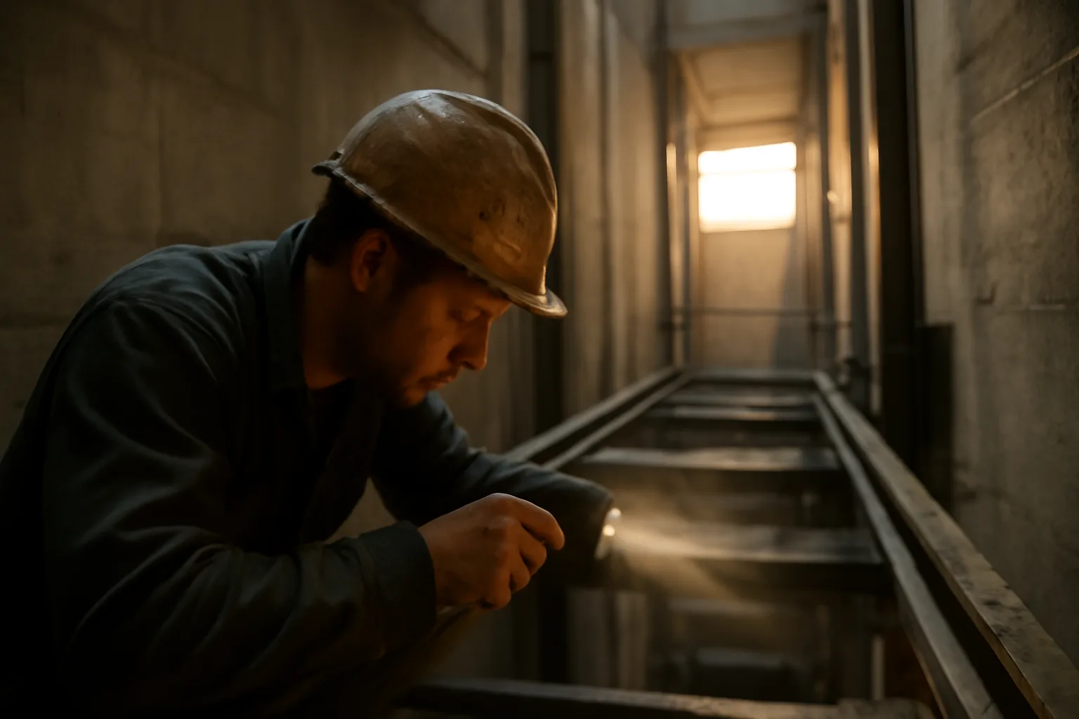 Elevator mechanic checking steel rails in a Little Rock hoistway