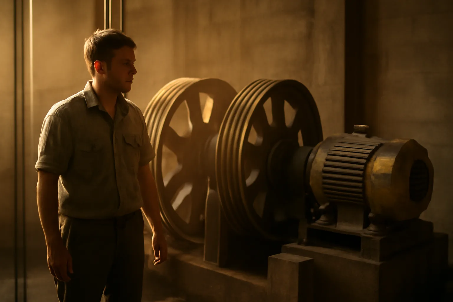 Mechanic standing in a California elevator machine room beside sheaves