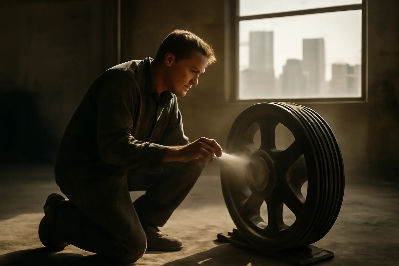 Mechanic checking a steel sheave in a Colorado elevator machine room