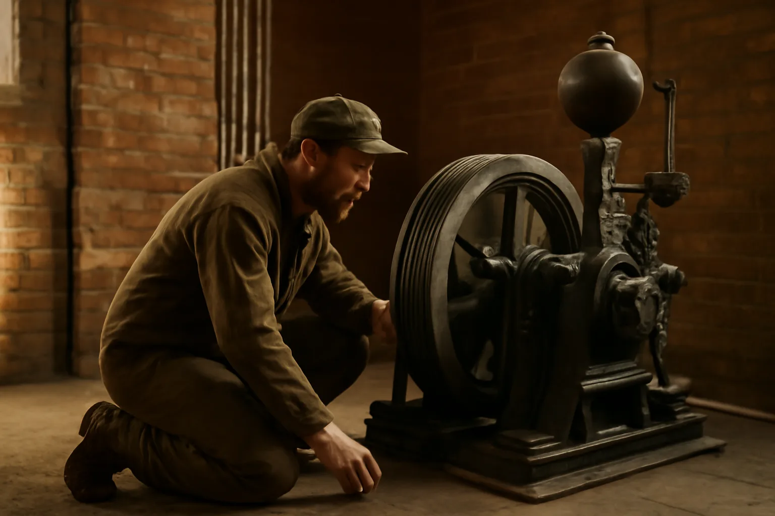 Mechanic kneeling beside a traction machine in an elevator room