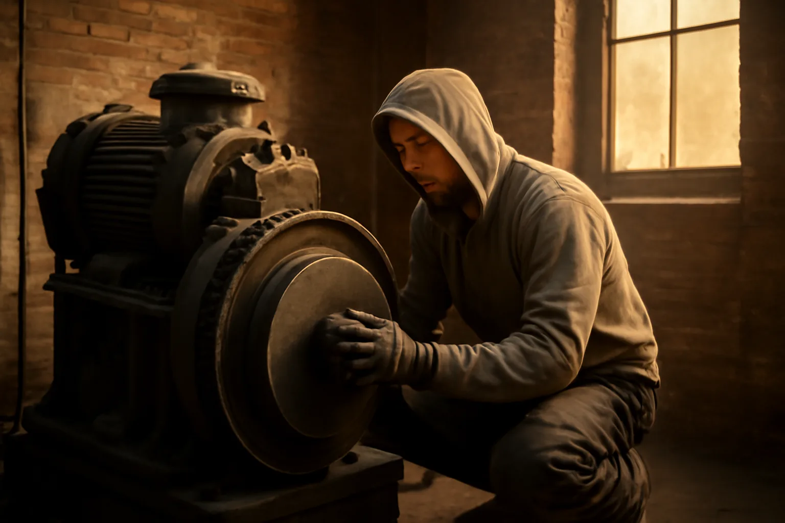 Elevator mechanic kneeling by traction machine in Wilmington Delaware