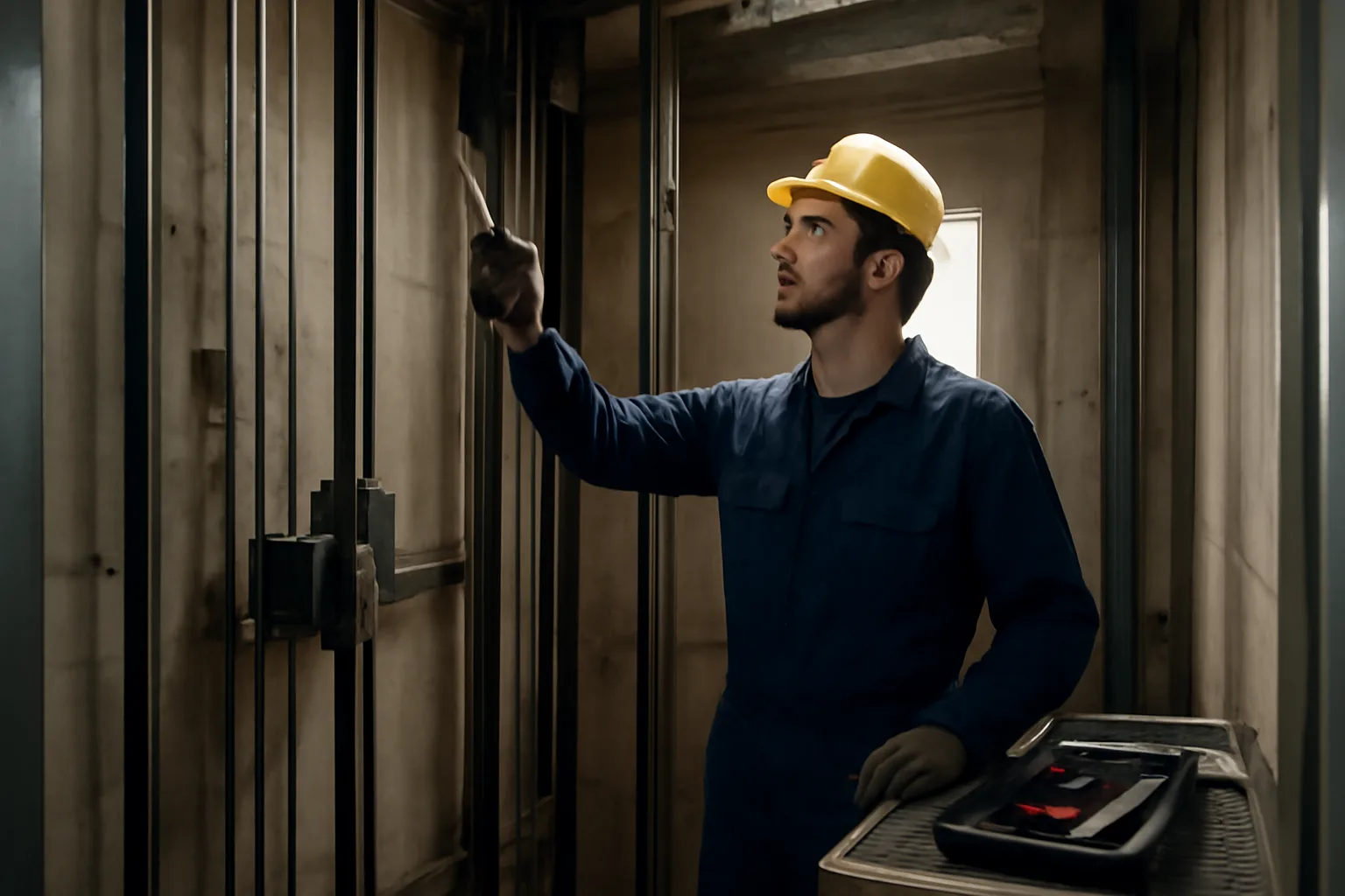 Elevator mechanic inspecting a hoistway interior in an Anchorage commercial building