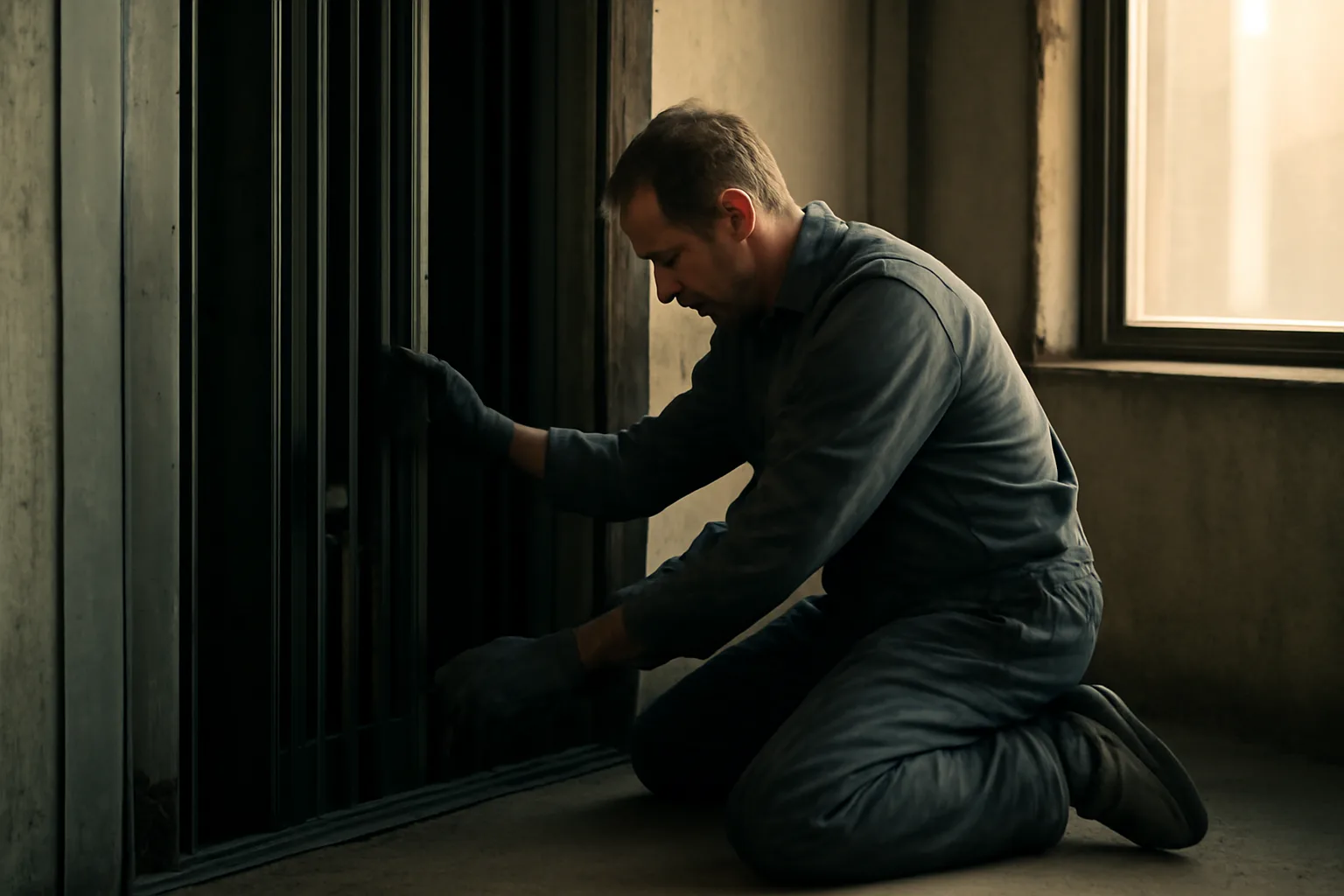 Mechanic kneeling at an open elevator hoistway in morning light
