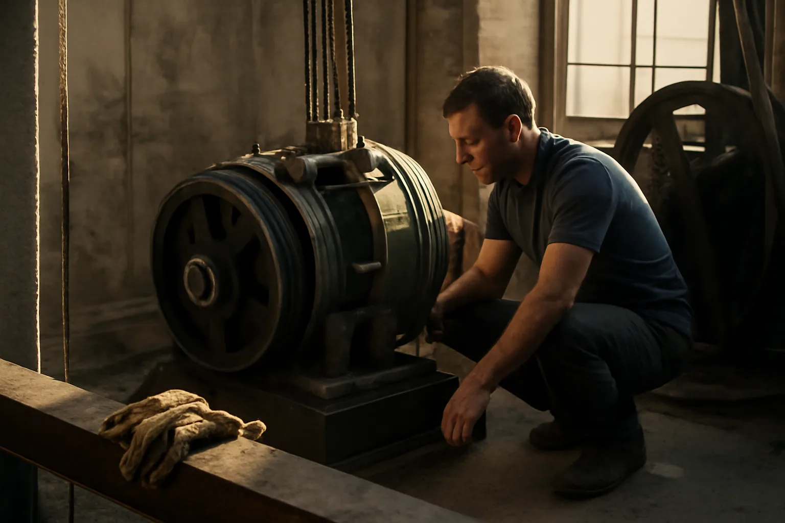 Mechanic beside a traction machine in a Denver elevator room