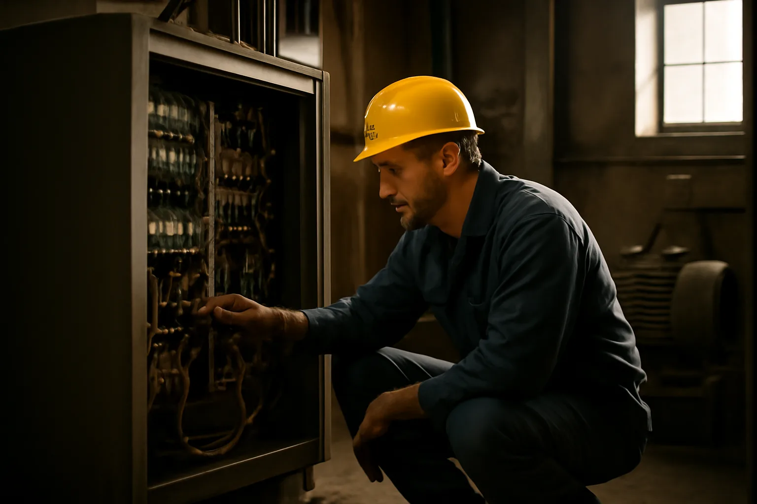Elevator mechanic inspecting machine room panel in Alabama building