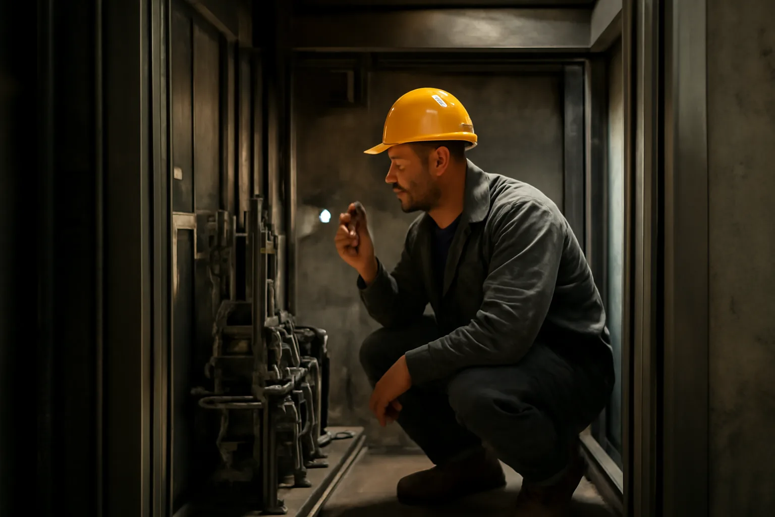 Elevator mechanic inspecting shaft components inside an Alaskan commercial building