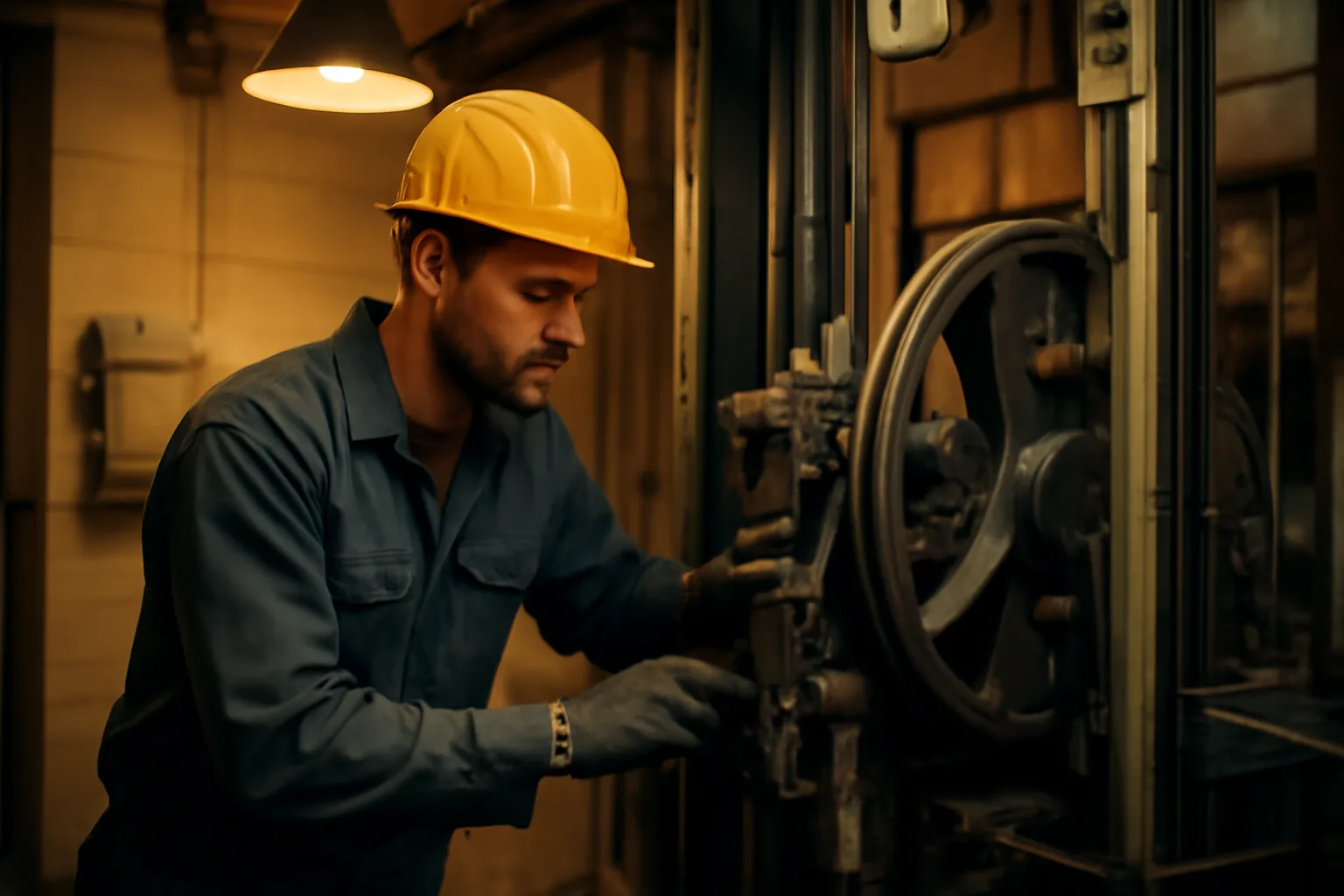 Elevator mechanic inspecting traction machinery inside an Arizona building machine room