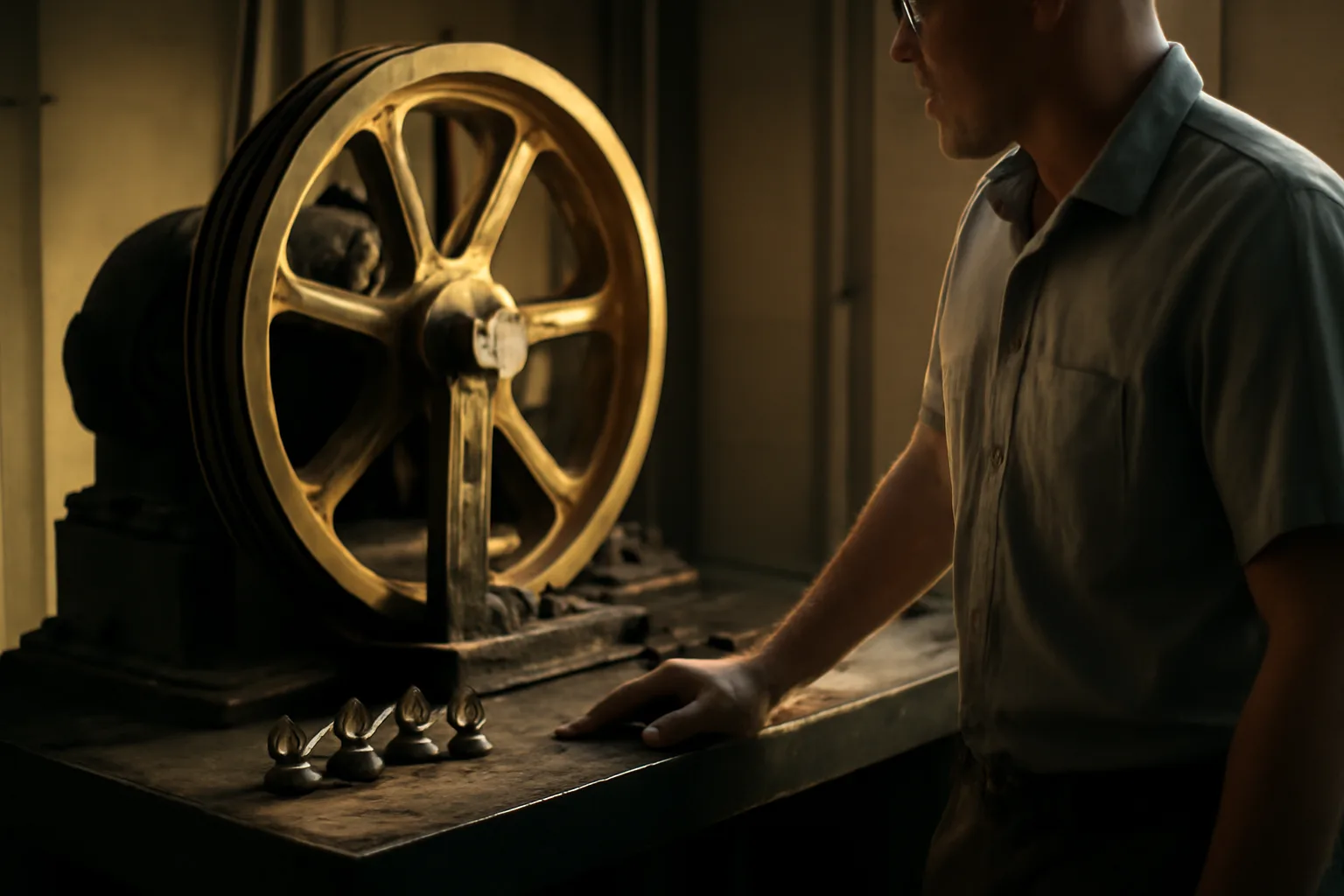 Mechanic beside a traction elevator machine in a Los Angeles machine room