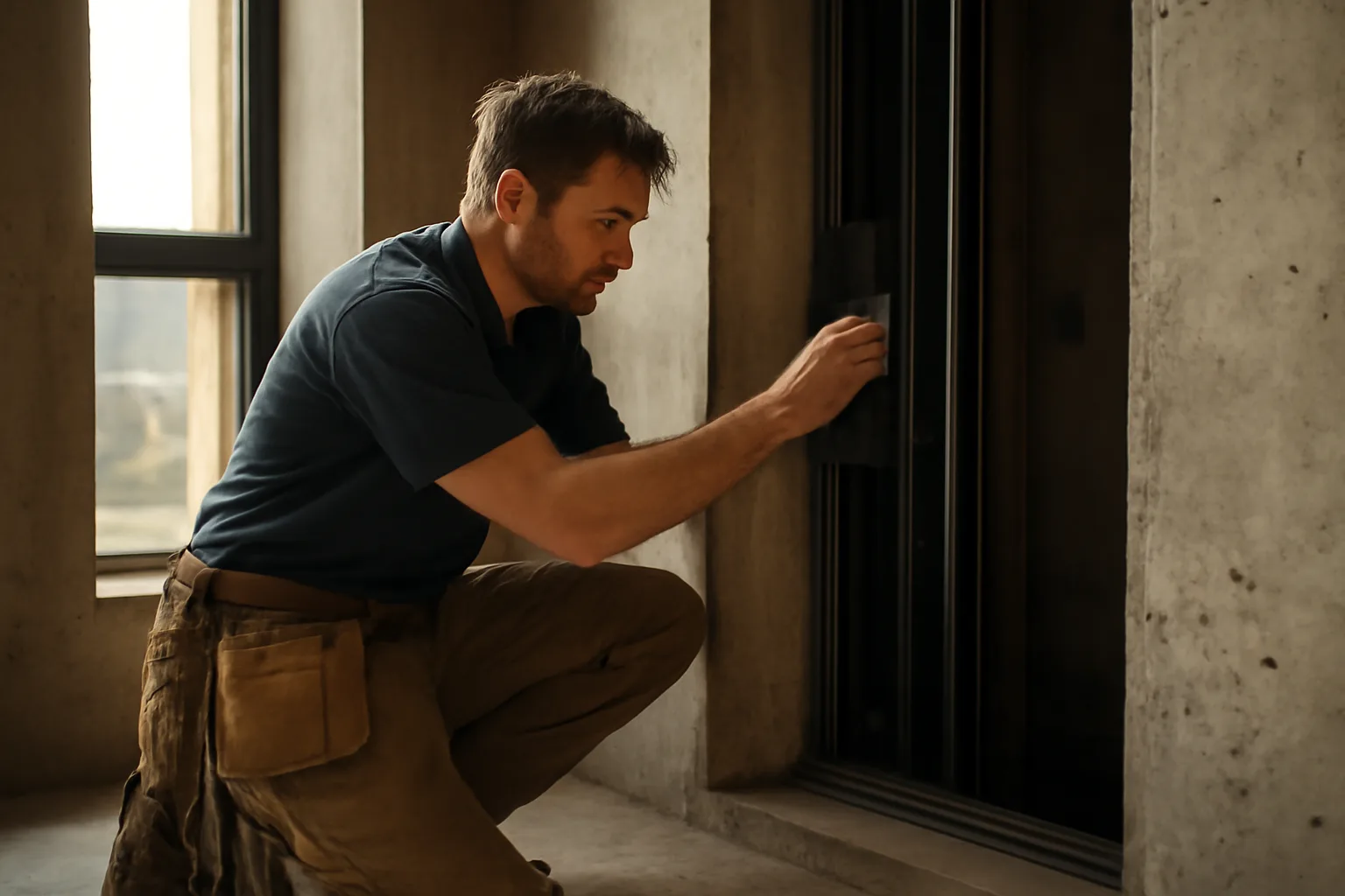 Mechanic inspects hoistway rails for a Colorado elevator mechanic license
