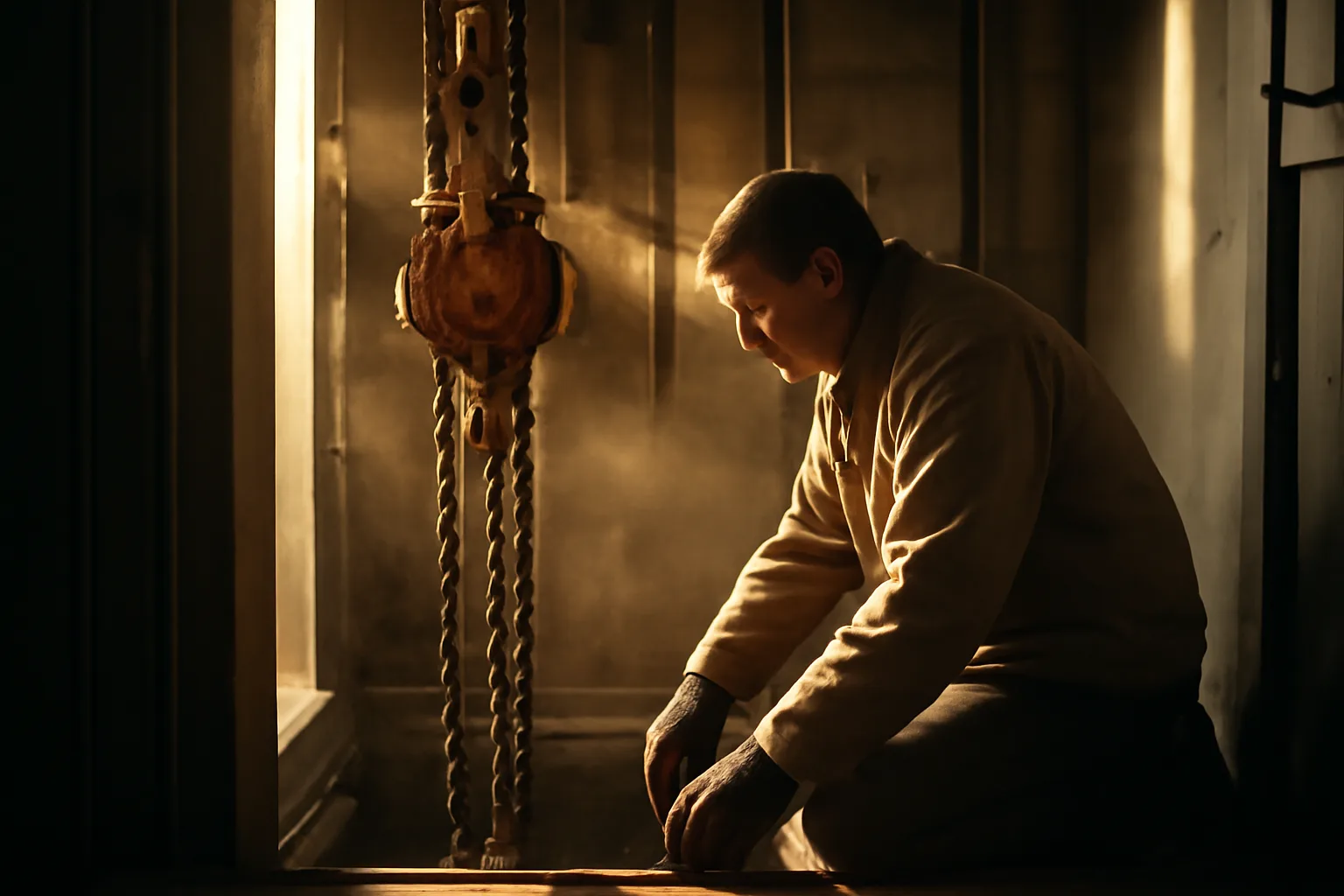 Mechanic kneeling at an open elevator hoistway in Connecticut