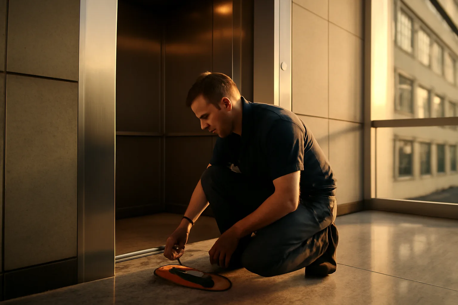 Elevator mechanic kneeling at an open hoistway in Wilmington