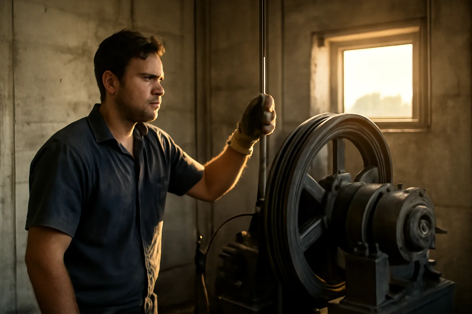 Mechanic checks a traction machine in a Tampa elevator room