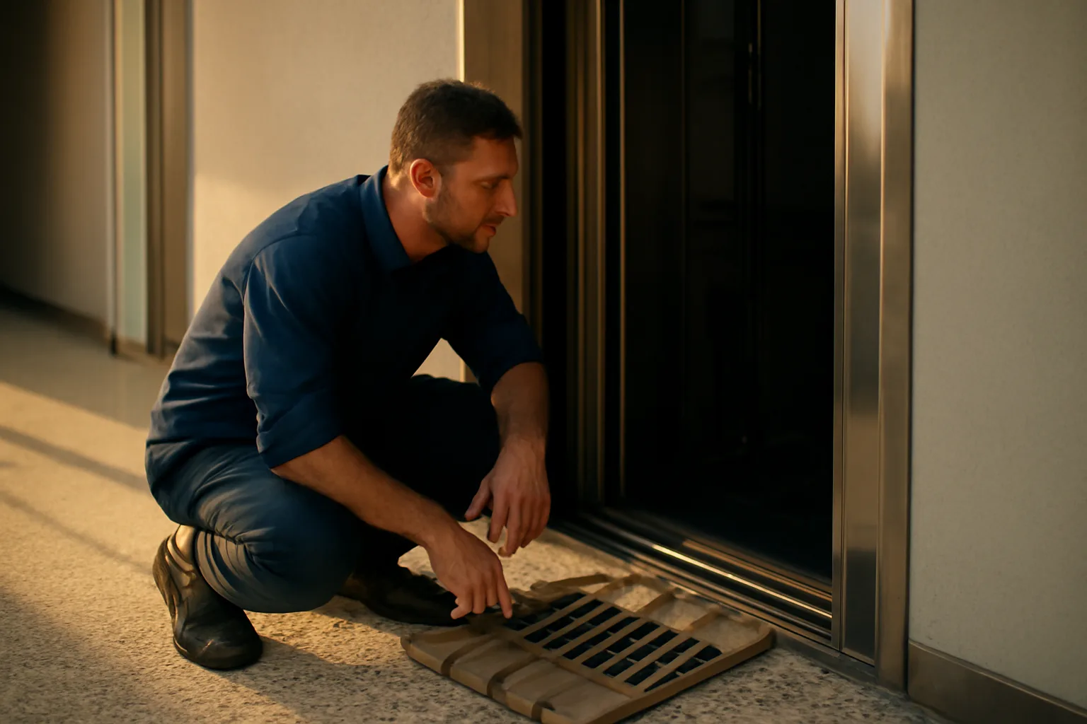 Elevator mechanic at an open hoistway in an Atlanta office building
