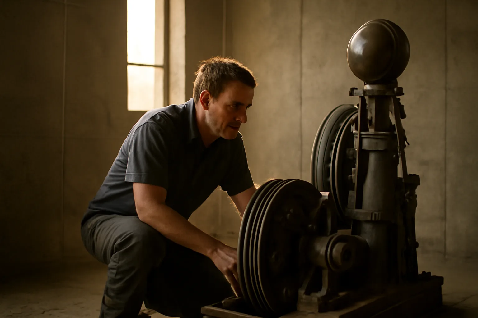 Mechanic working beside a traction hoist in a Hawaii elevator machine room