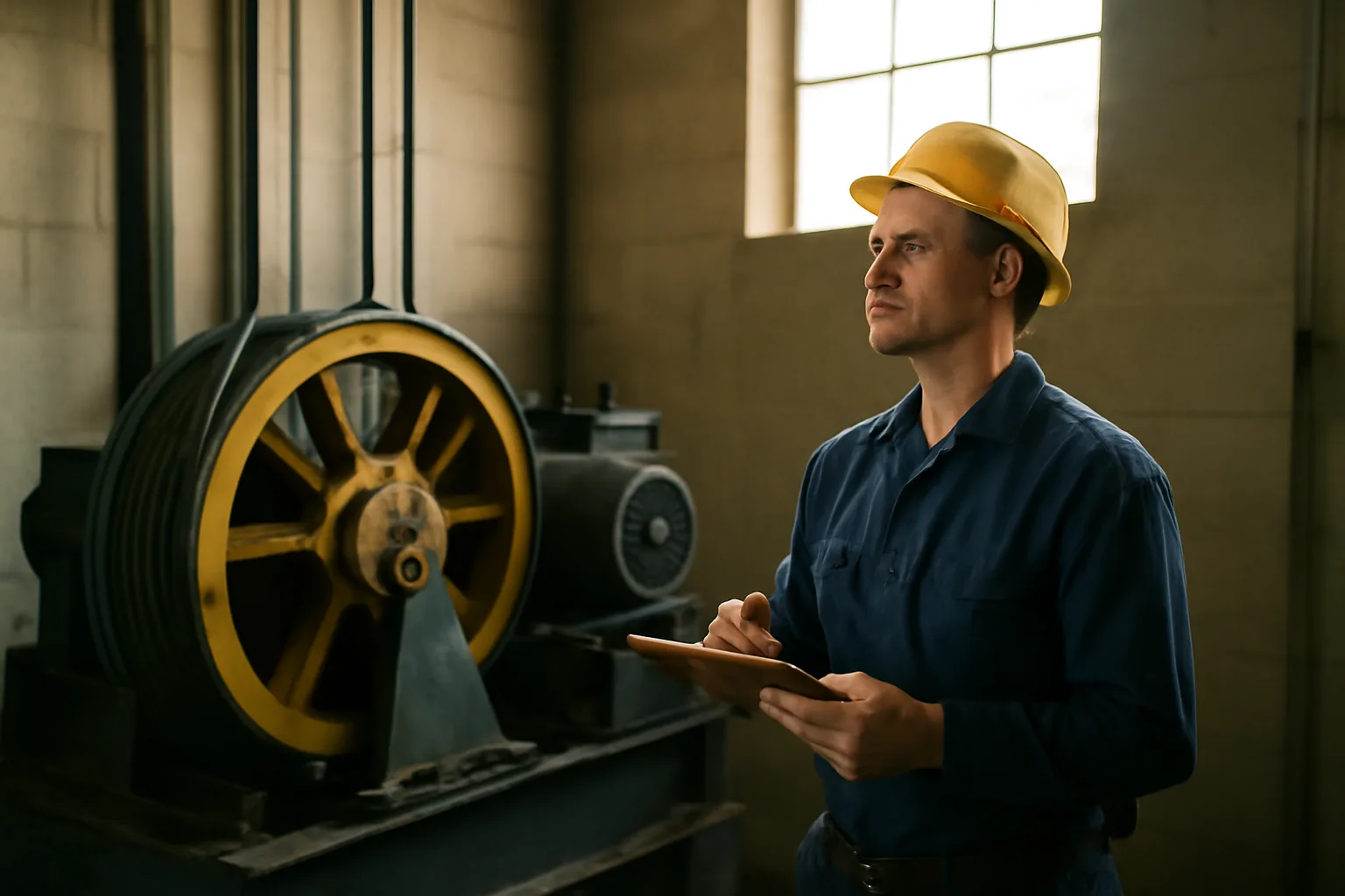 Elevator mechanic inspecting traction elevator machinery in Alabama industrial building