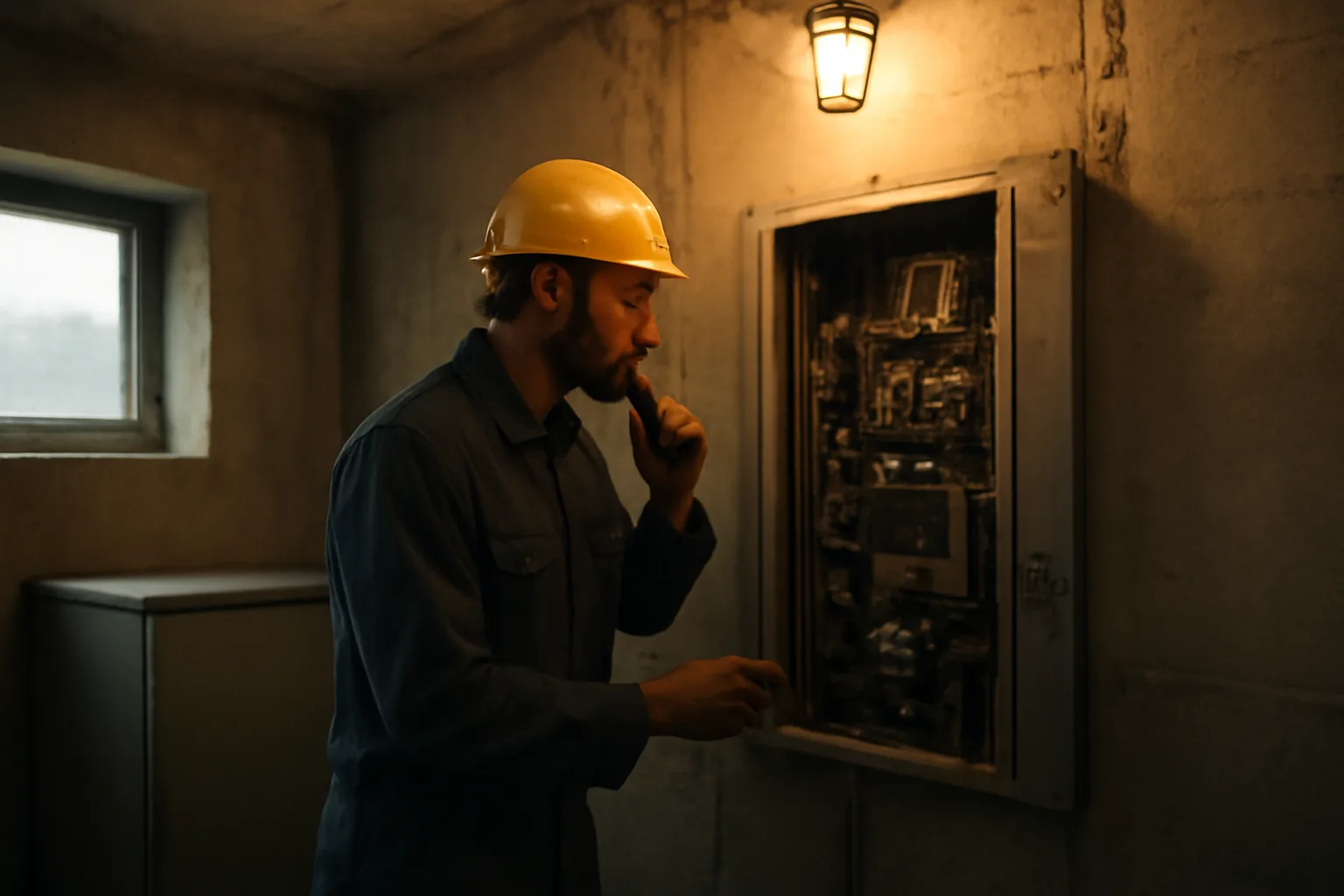 Elevator mechanic inspecting hoistway control panel inside Alaska building machine room