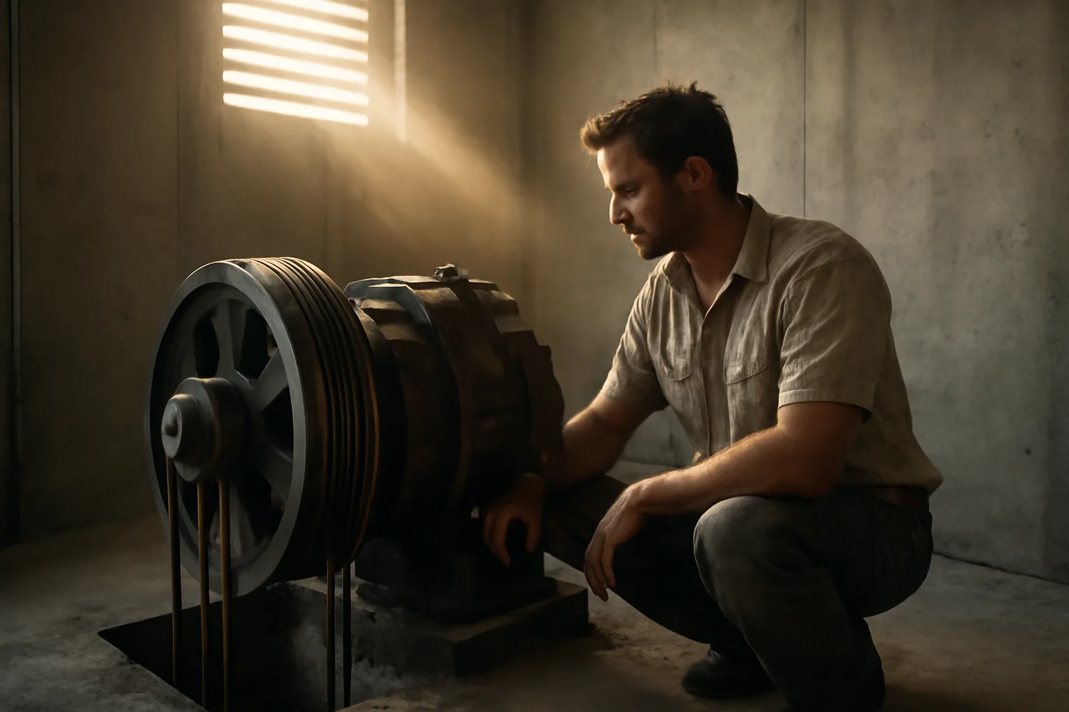 Arizona elevator mechanic kneeling beside a Phoenix traction machine