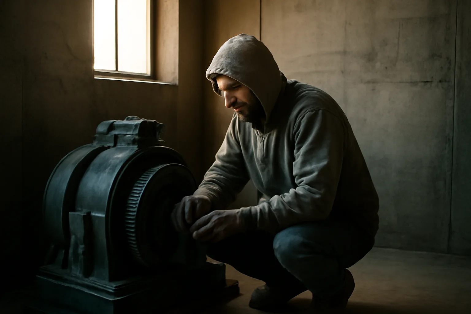 Mechanic kneeling beside a traction machine in a Little Rock elevator room