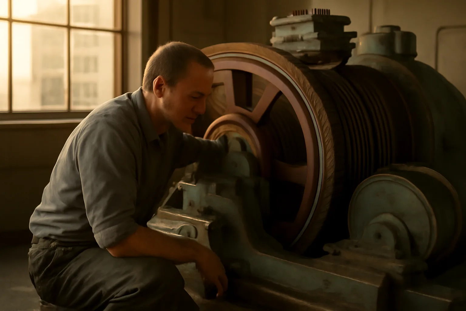 Mechanic kneeling by a traction machine during California elevator work