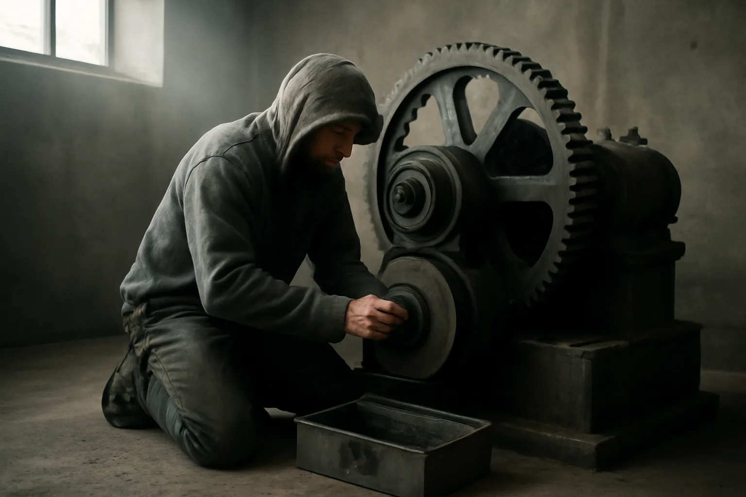 Mechanic inspects a traction machine during Connecticut elevator mechanic work