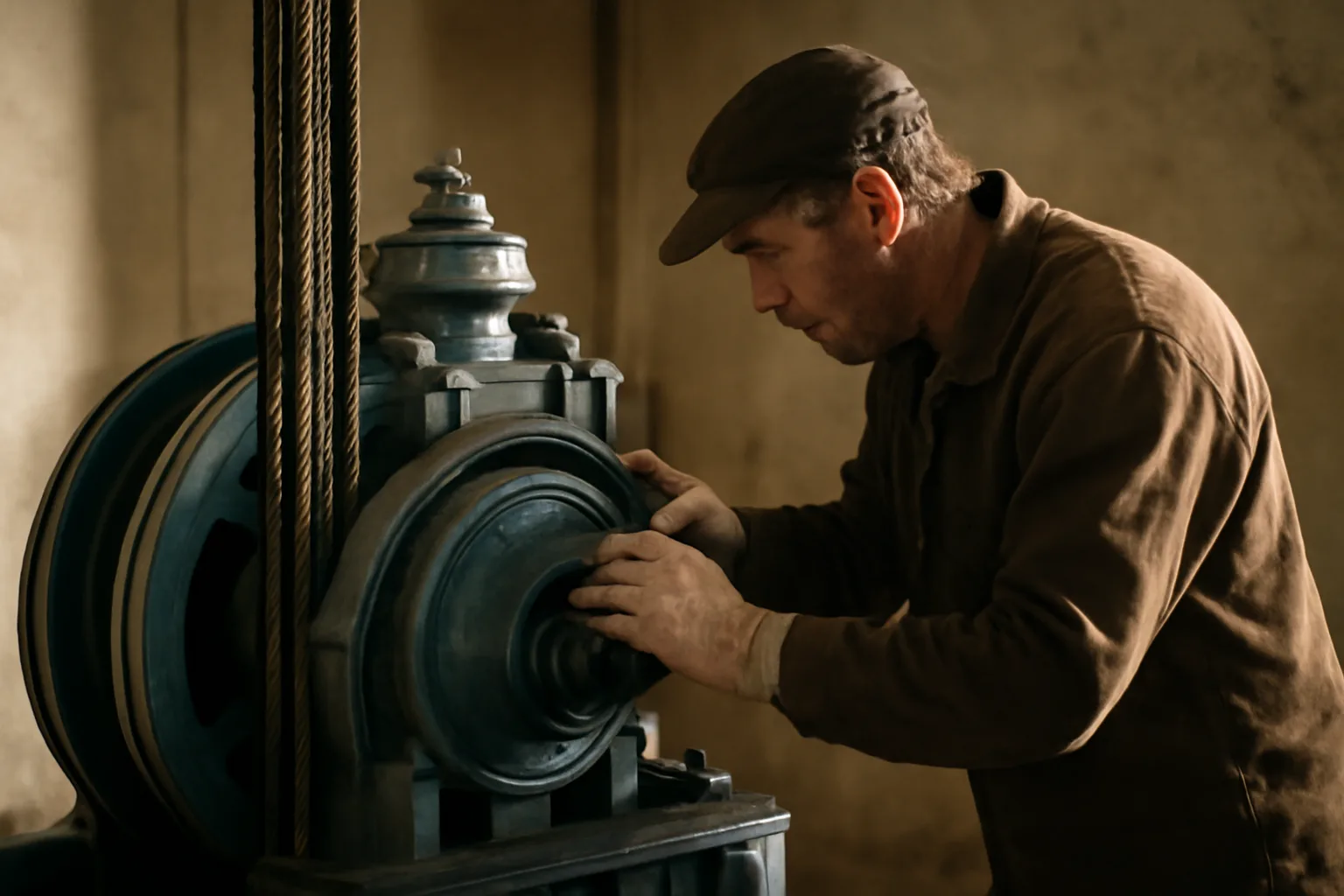 Elevator mechanic checking a traction machine in a concrete room