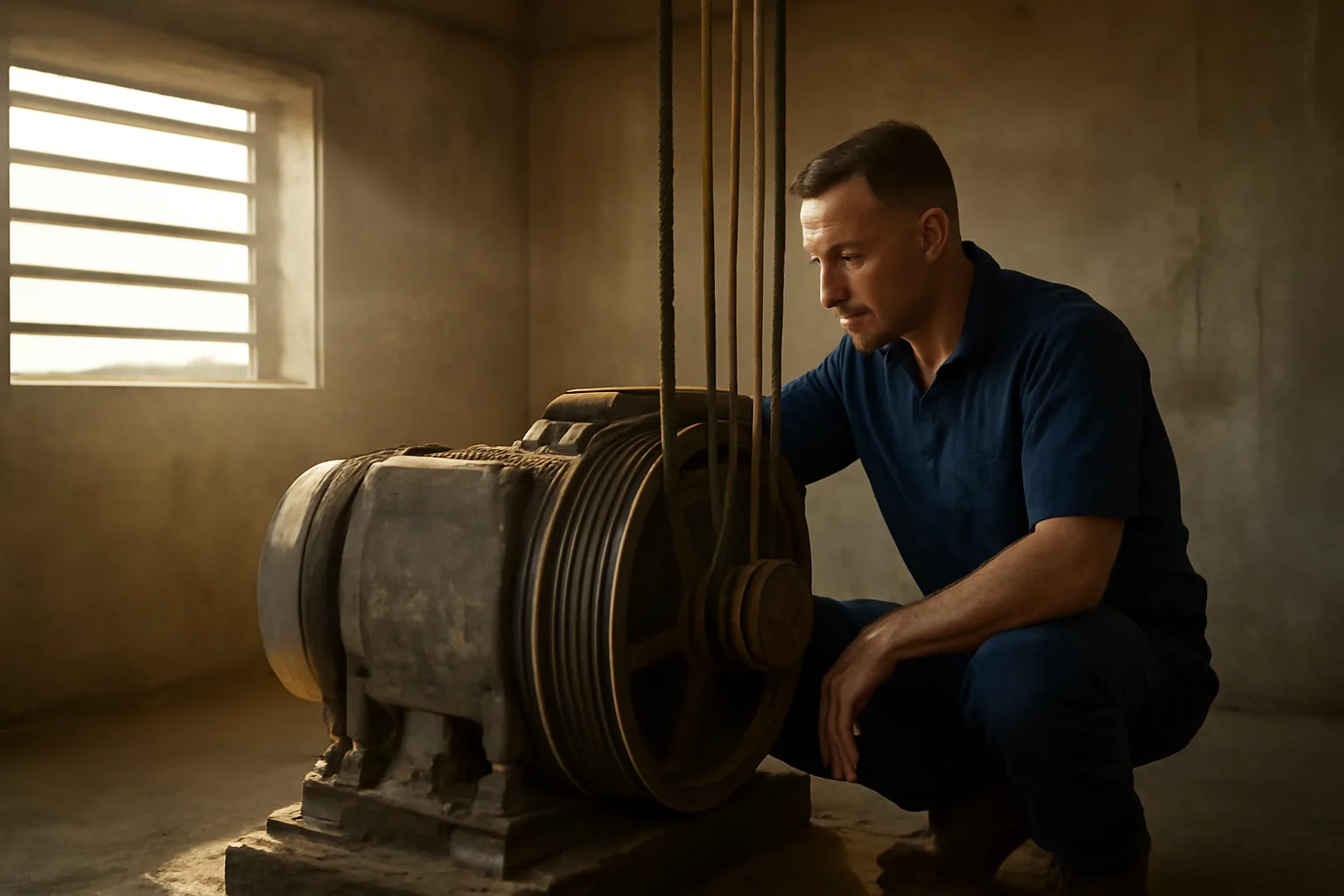 Mechanic kneeling by a traction elevator machine in a Miami rooftop room