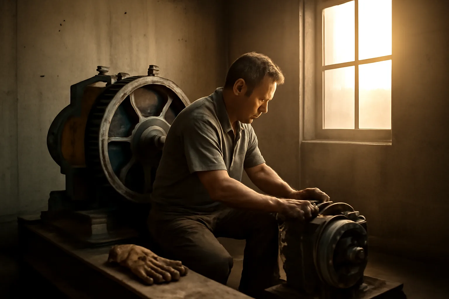 Mechanic kneeling by a traction machine in a Honolulu elevator room
