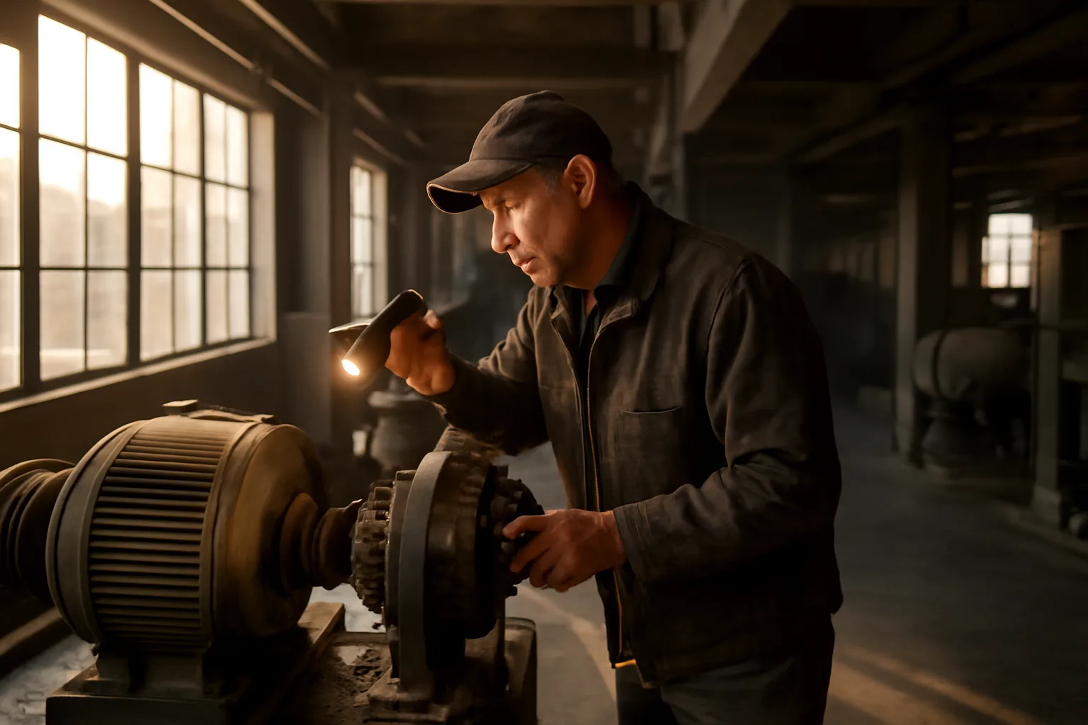 Mechanic inspecting a traction machine in a Boise elevator room