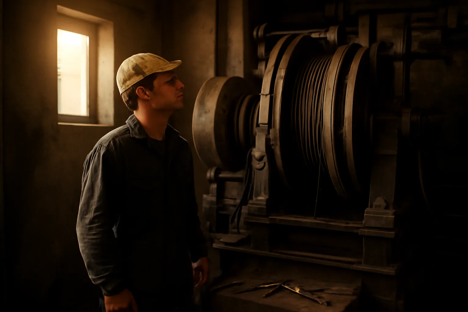 Elevator mechanic apprentice examining traction drive equipment in an Alabama machine room