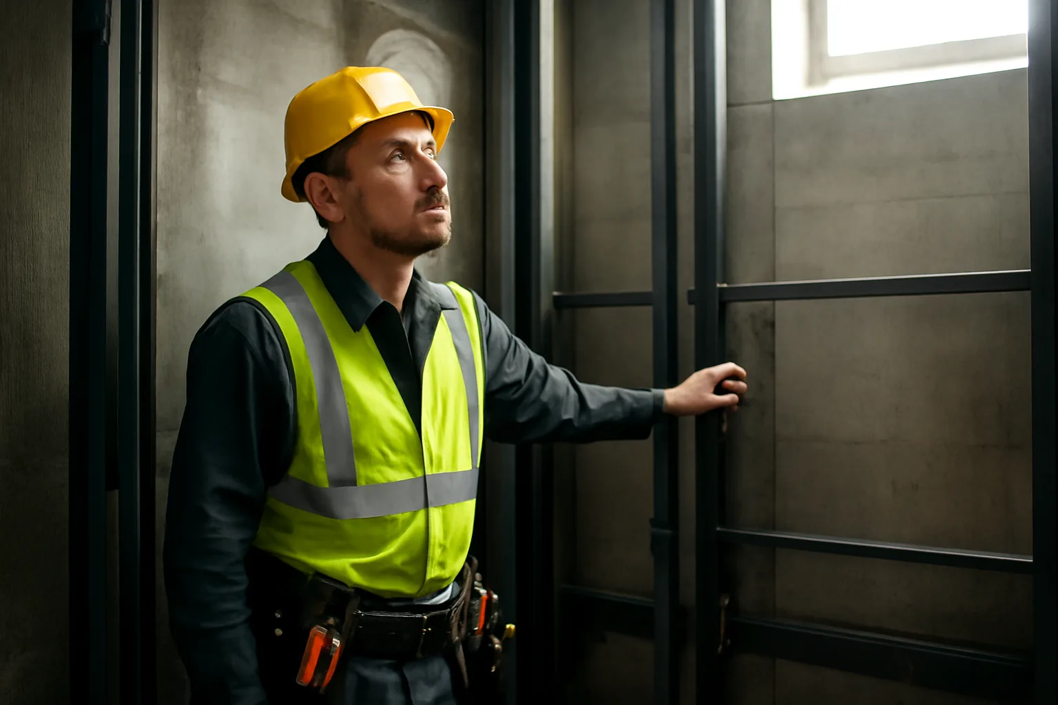 Elevator mechanic apprentice inspecting a shaft interior in an Alaska commercial building