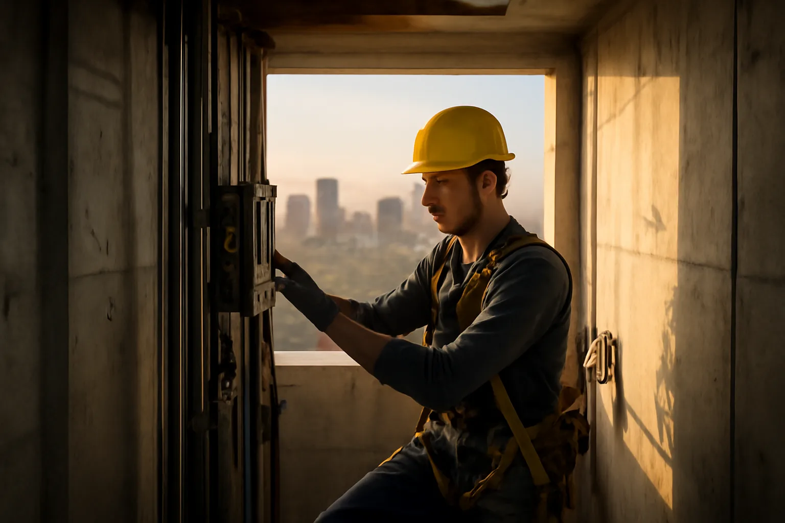 Elevator mechanic apprentice working inside a high-rise shaft in Arizona