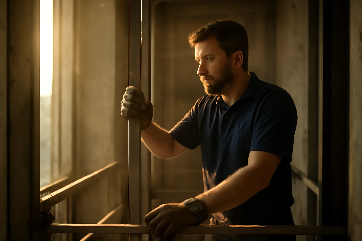 Elevator mechanic working guide rails in an Arkansas hoistway