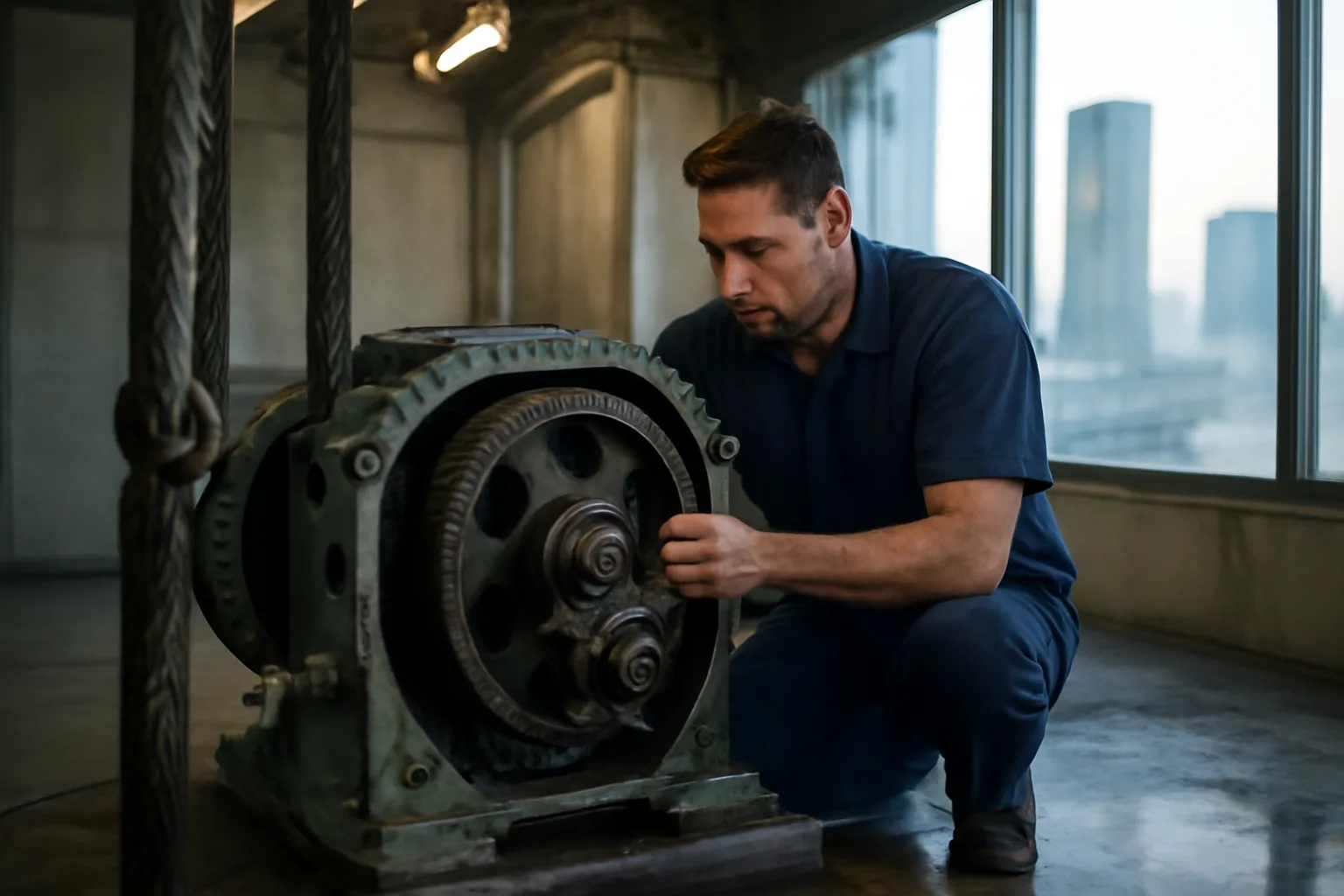 Mechanic working on a traction machine in a Los Angeles elevator room