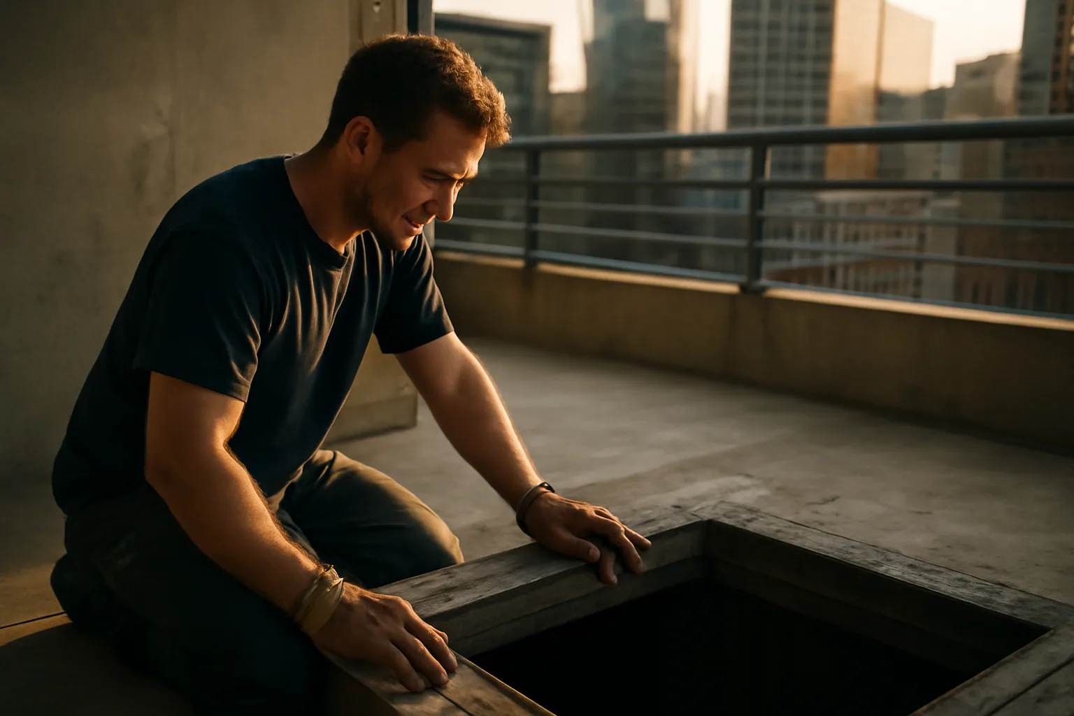 Mechanic kneeling at an open elevator hoistway in Denver