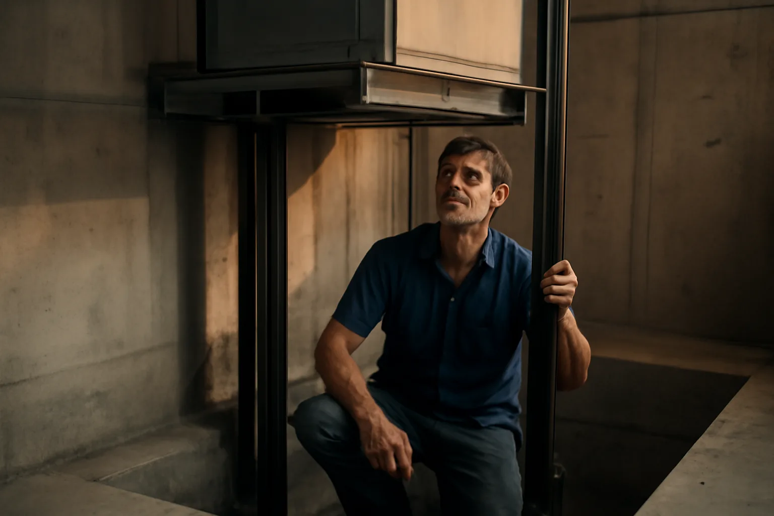 Elevator mechanic inspects a guide rail in a concrete pit