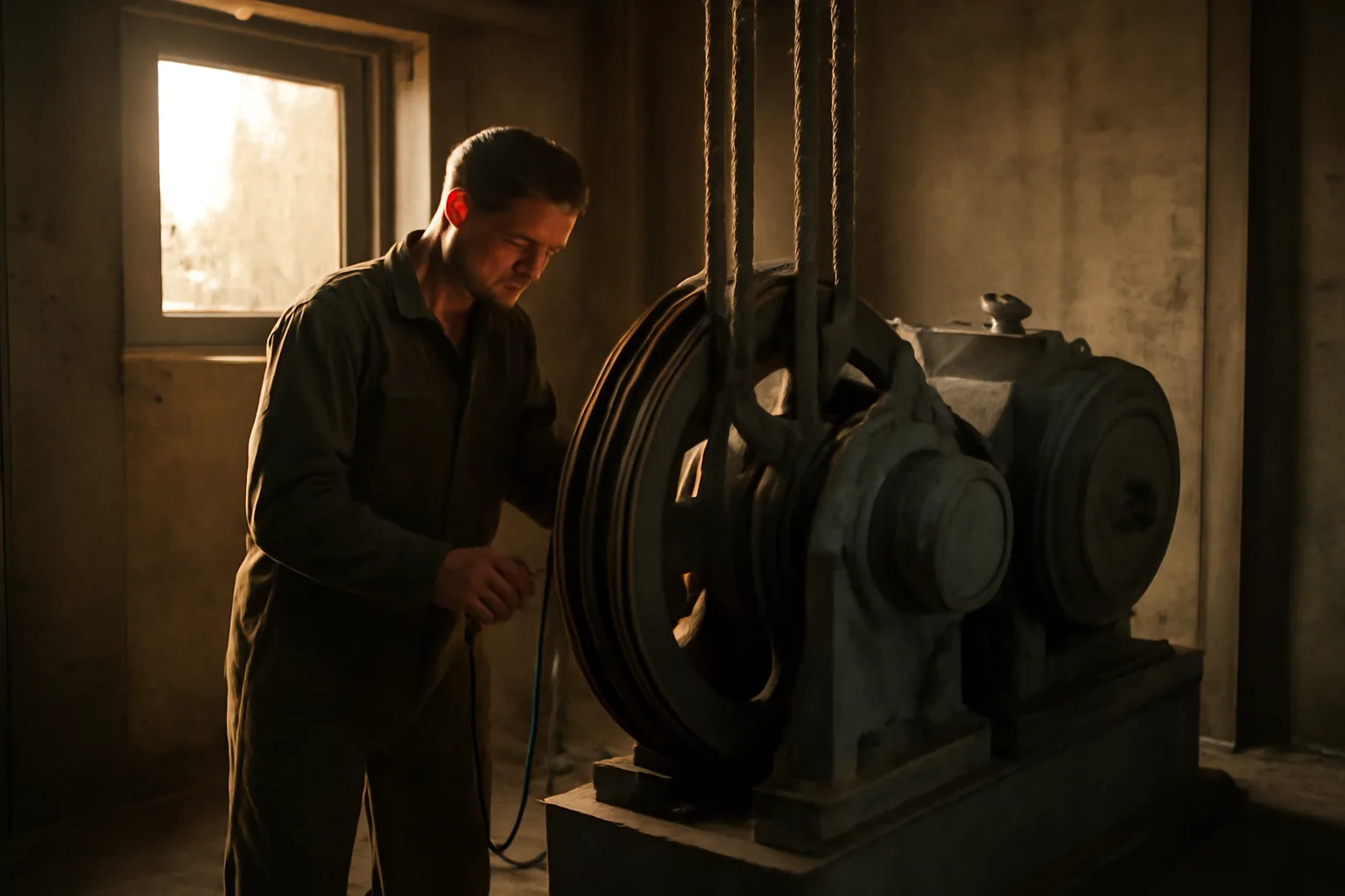 Mechanic checking a Wilmington elevator machine during late afternoon light