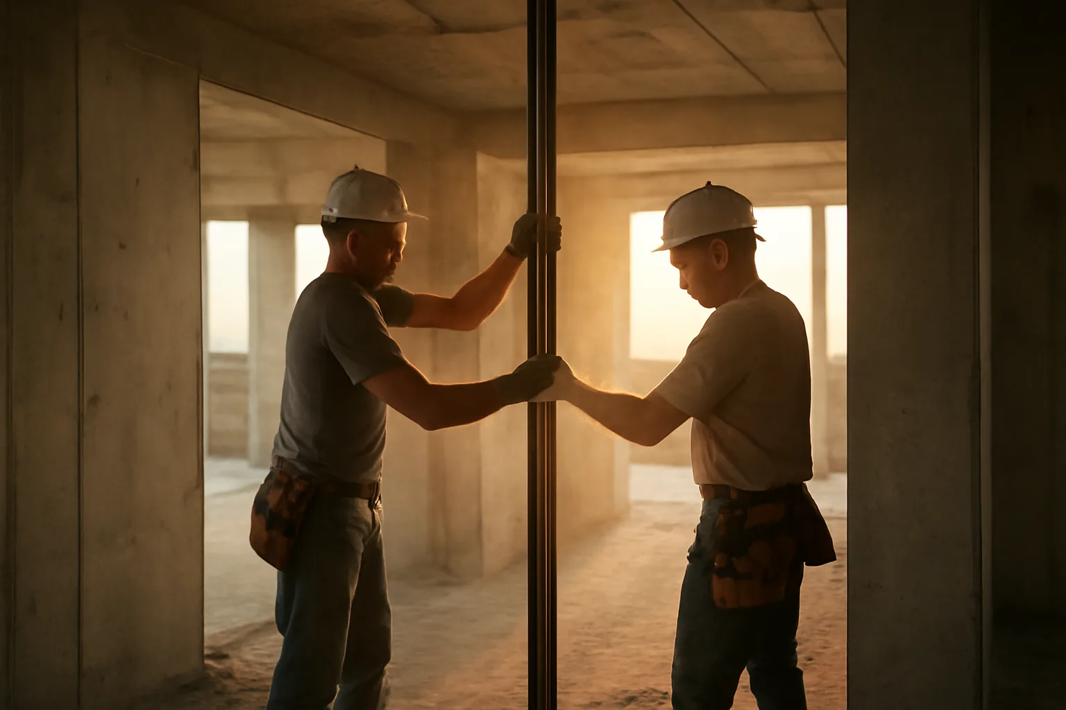 Elevator mechanic crew setting a rail in a Florida hoistway