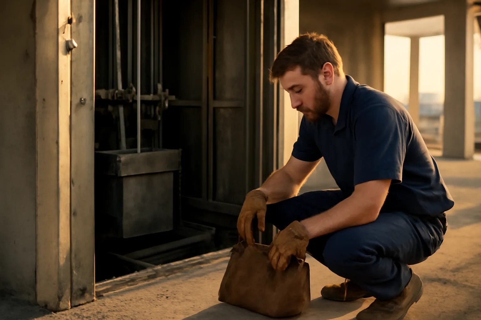 Elevator mechanic kneeling by an open car sling in Atlanta